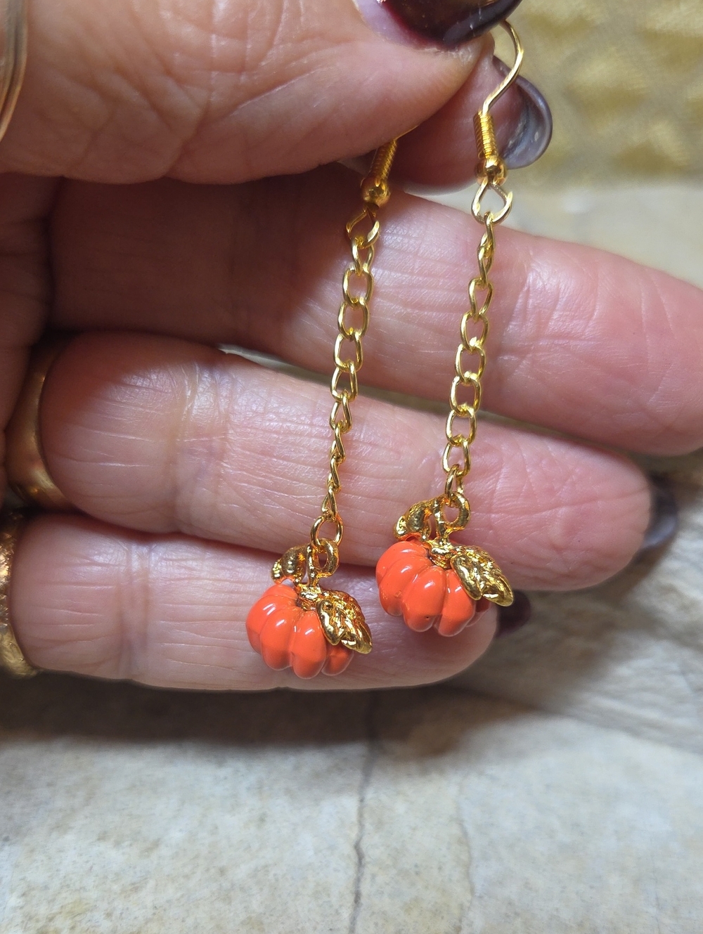 Gold Chain Drop Earrings with Orange Pumpkin Charms Halloween